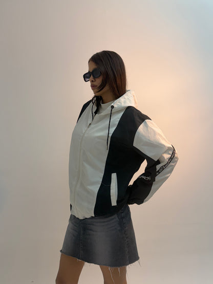 Vintage Black & White Contrast Panel Unisex Windbreaker Bomber Jacket