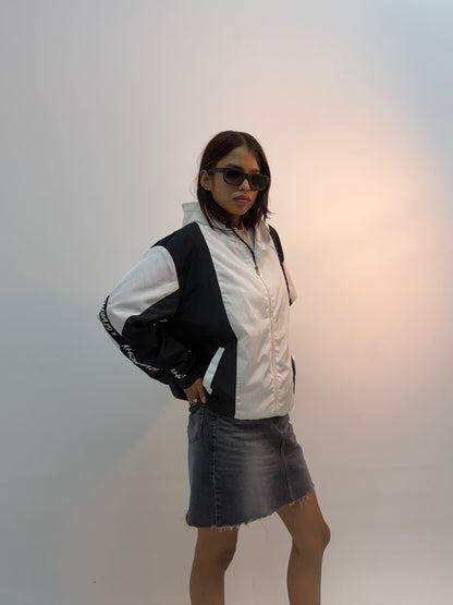 Vintage Black & White Contrast Panel Unisex Windbreaker Bomber Jacket