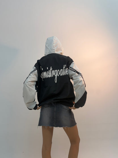 Vintage Black & White Contrast Panel Unisex Windbreaker Bomber Jacket