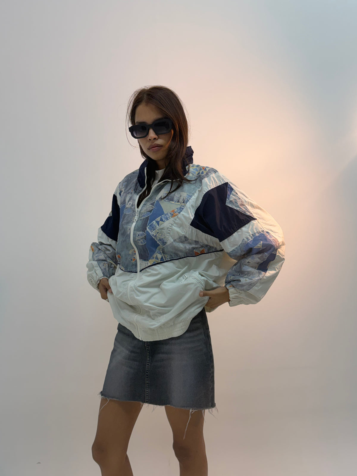 Vintage White & Blue Abstract Print Unisex Windbreaker Bomber Jacket