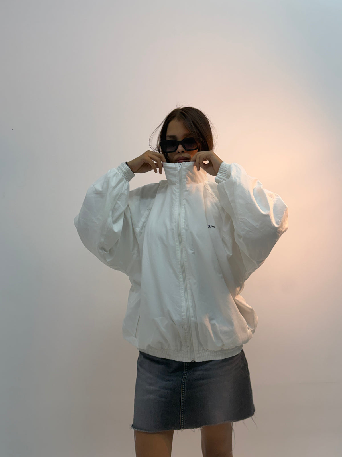 Vintage White Abstract Graphic Sleeve Unisex Windbreaker Bomber Jacket