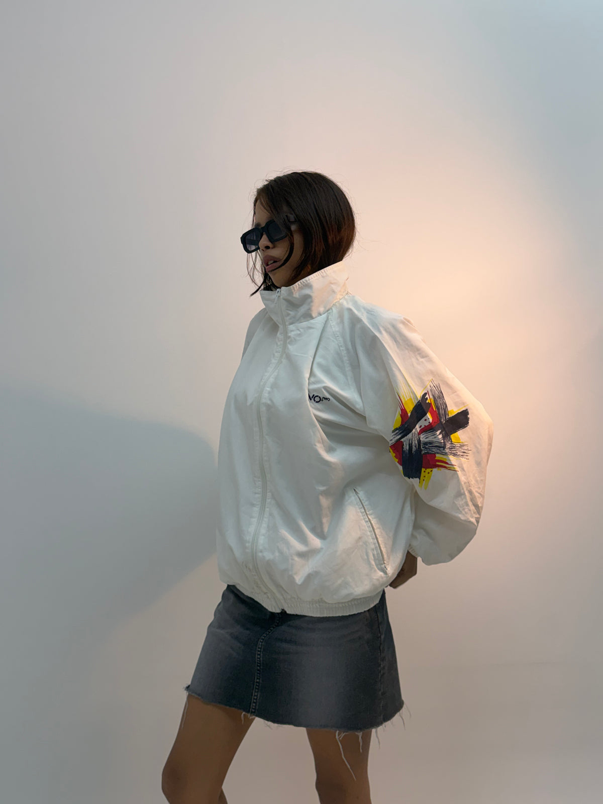 Vintage White Abstract Graphic Sleeve Unisex Windbreaker Bomber Jacket