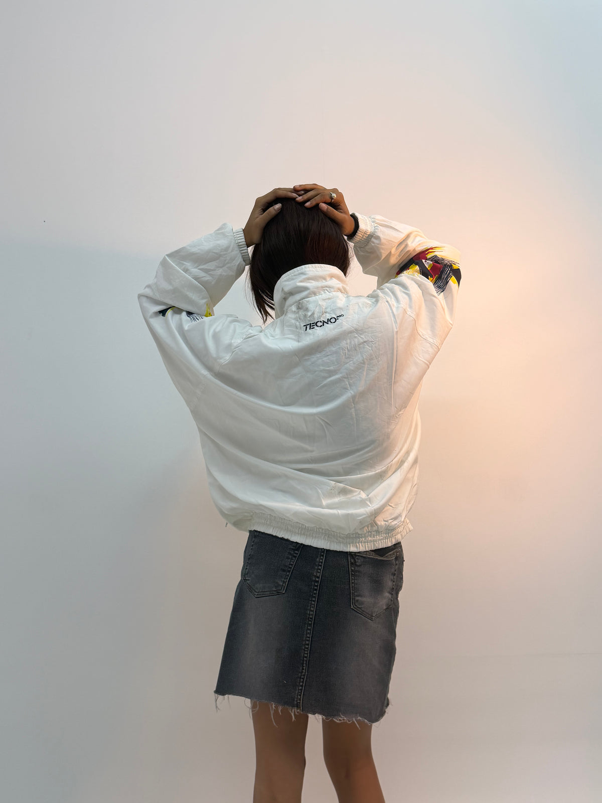 Vintage White Abstract Graphic Sleeve Unisex Windbreaker Bomber Jacket