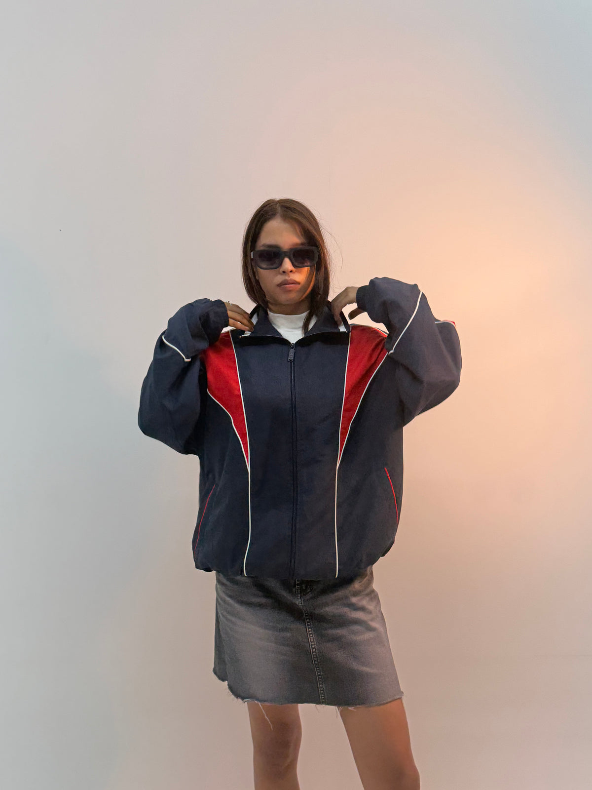 Vintage Navy & Red Retro Racing Colorblock Unisex Windbreaker Bomber Jacket