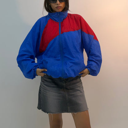 Vintage Royal Blue & Red Colorblock Retro Unisex Windbreaker Bomber Jacket
