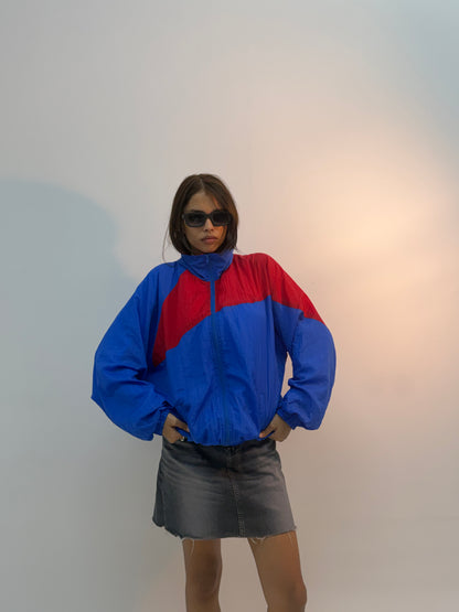 Vintage Royal Blue & Red Colorblock Retro Unisex Windbreaker Bomber Jacket