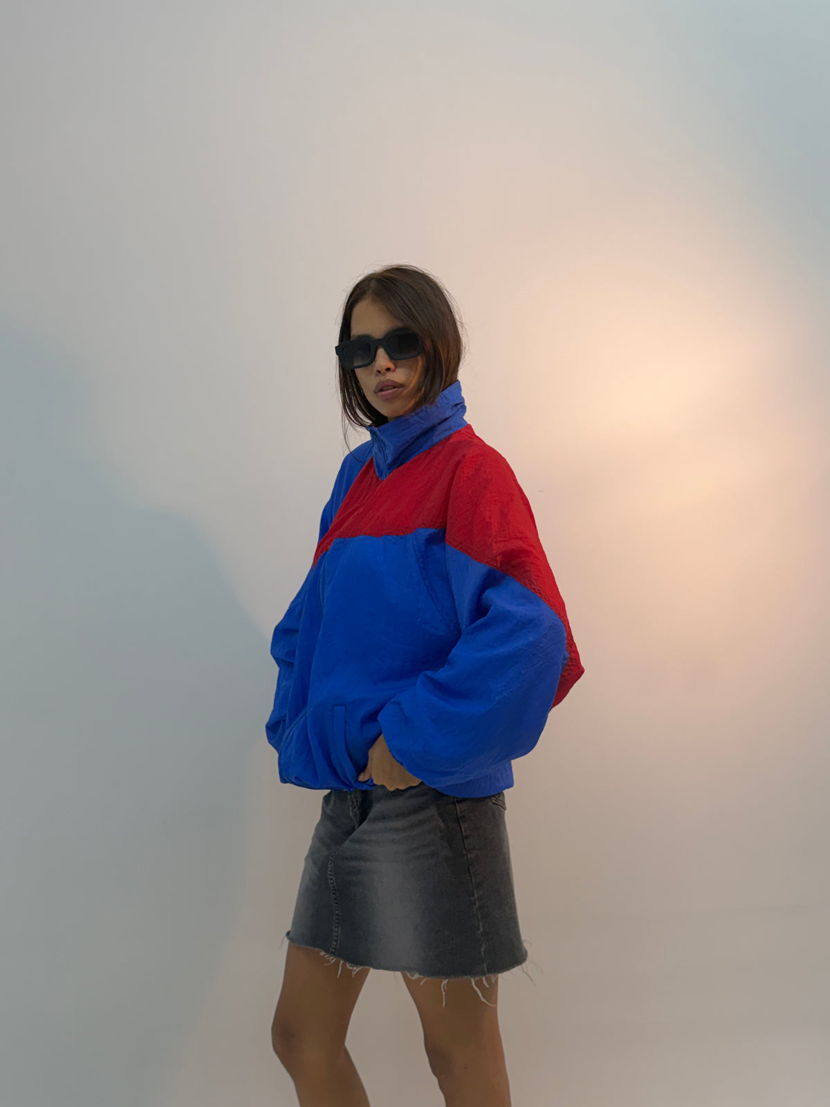 Vintage Royal Blue & Red Colorblock Retro Unisex Windbreaker Bomber Jacket