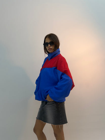 Vintage Royal Blue & Red Colorblock Retro Unisex Windbreaker Bomber Jacket