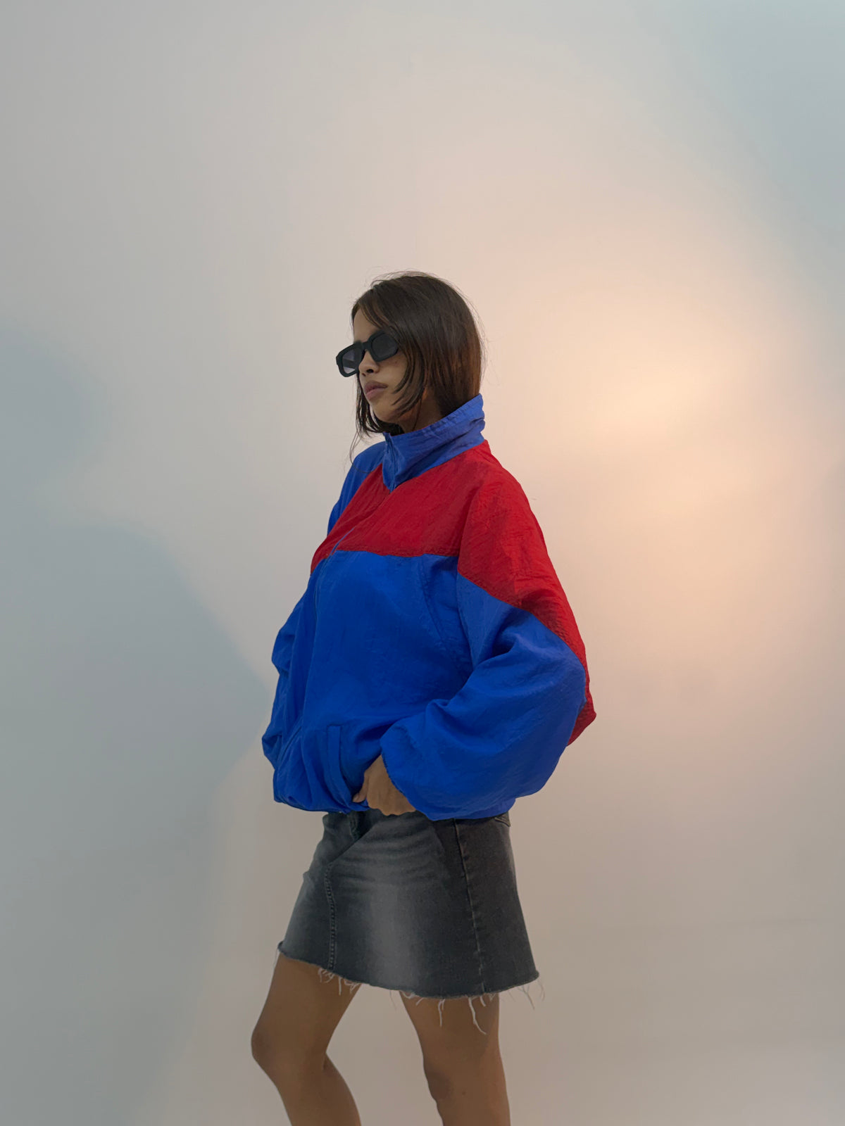 Vintage Royal Blue & Red Colorblock Retro Unisex Windbreaker Bomber Jacket