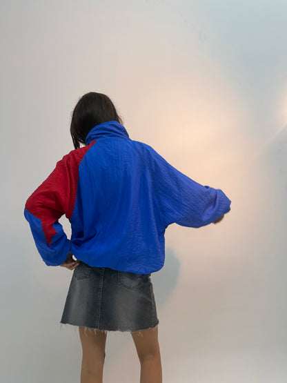Vintage Royal Blue & Red Colorblock Retro Unisex Windbreaker Bomber Jacket
