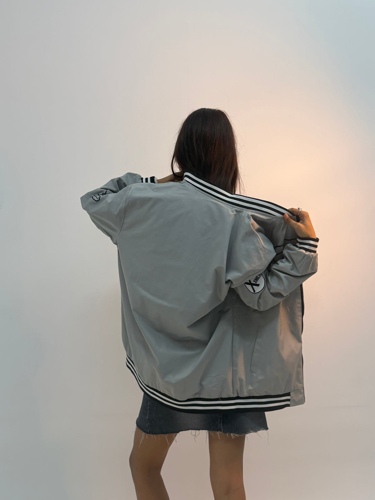 Unisex Silver Grey Oversized Graphic Varsity Jacket