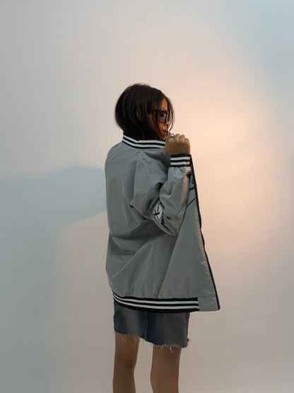 Unisex Silver Grey Oversized Graphic Varsity Jacket