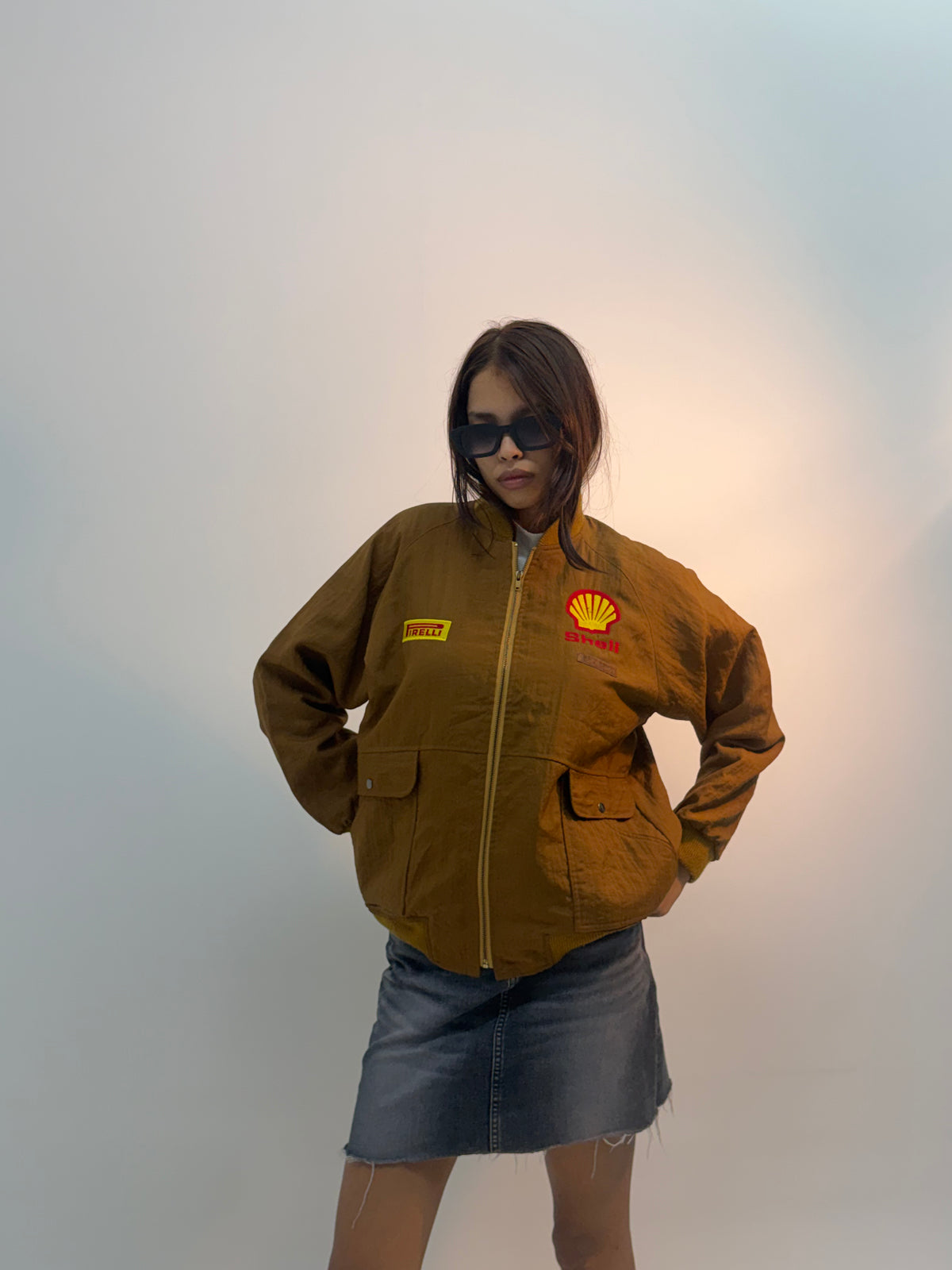 Vintage Brown Racing Patchwork Unisex Bomber Jacket