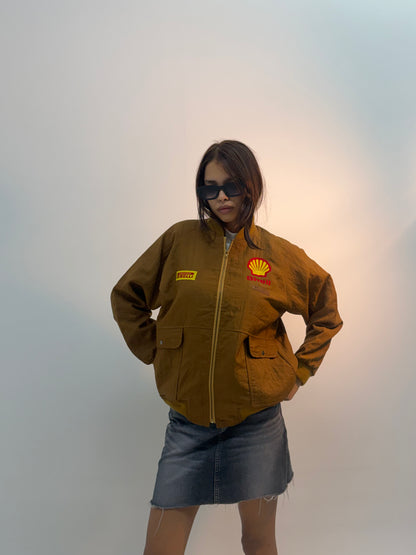 Vintage Brown Racing Patchwork Unisex Bomber Jacket