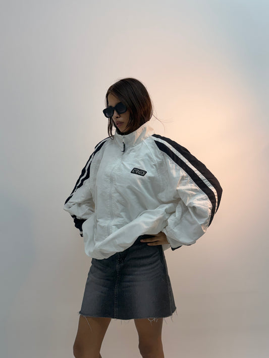 Vintage White & Black Track Stripe Unisex Windbreaker Bomber Jacket