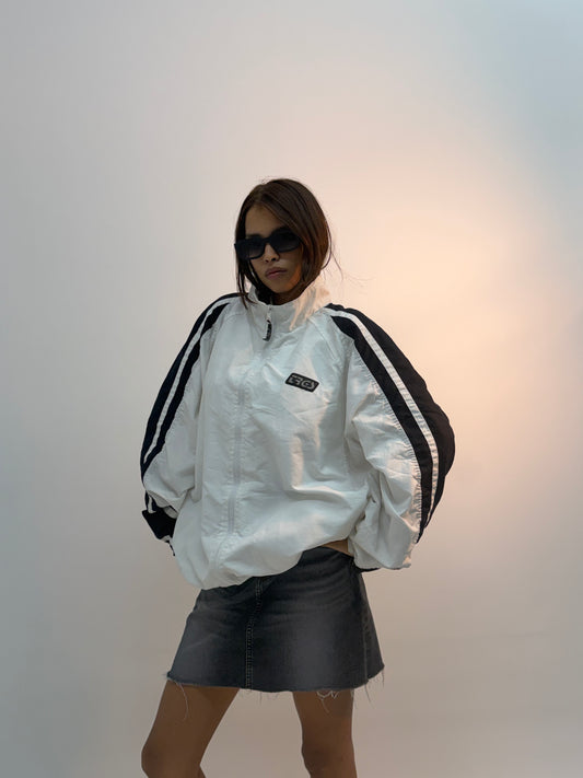 Unisex Vintage White & Black Oversized Stripe Sleeve Windbreaker Jacket