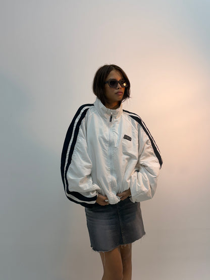 Unisex Vintage White & Black Oversized Stripe Sleeve Windbreaker Jacket