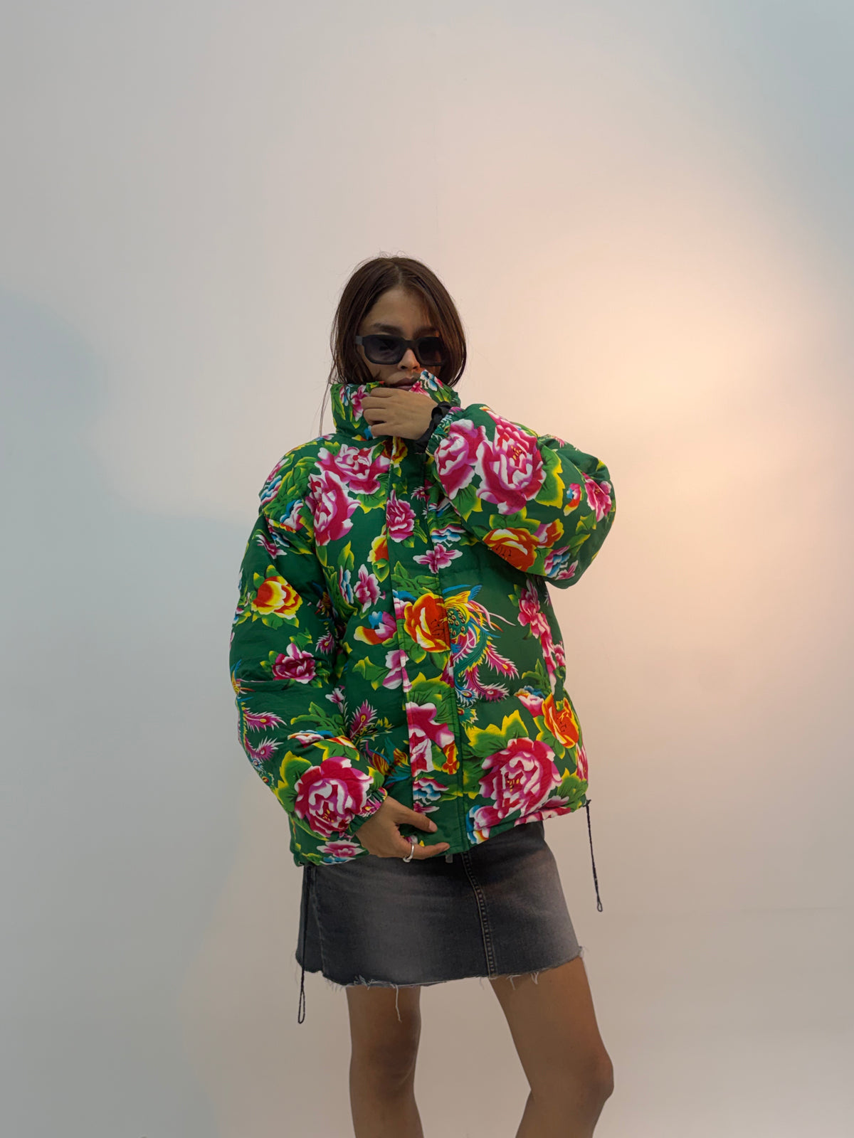 Vintage Green Floral Print Oversized Unisex Bomber Jacket