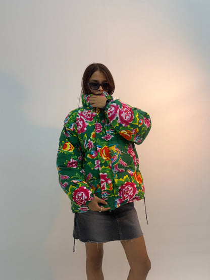 Vintage Green Floral Print Oversized Unisex Bomber Jacket