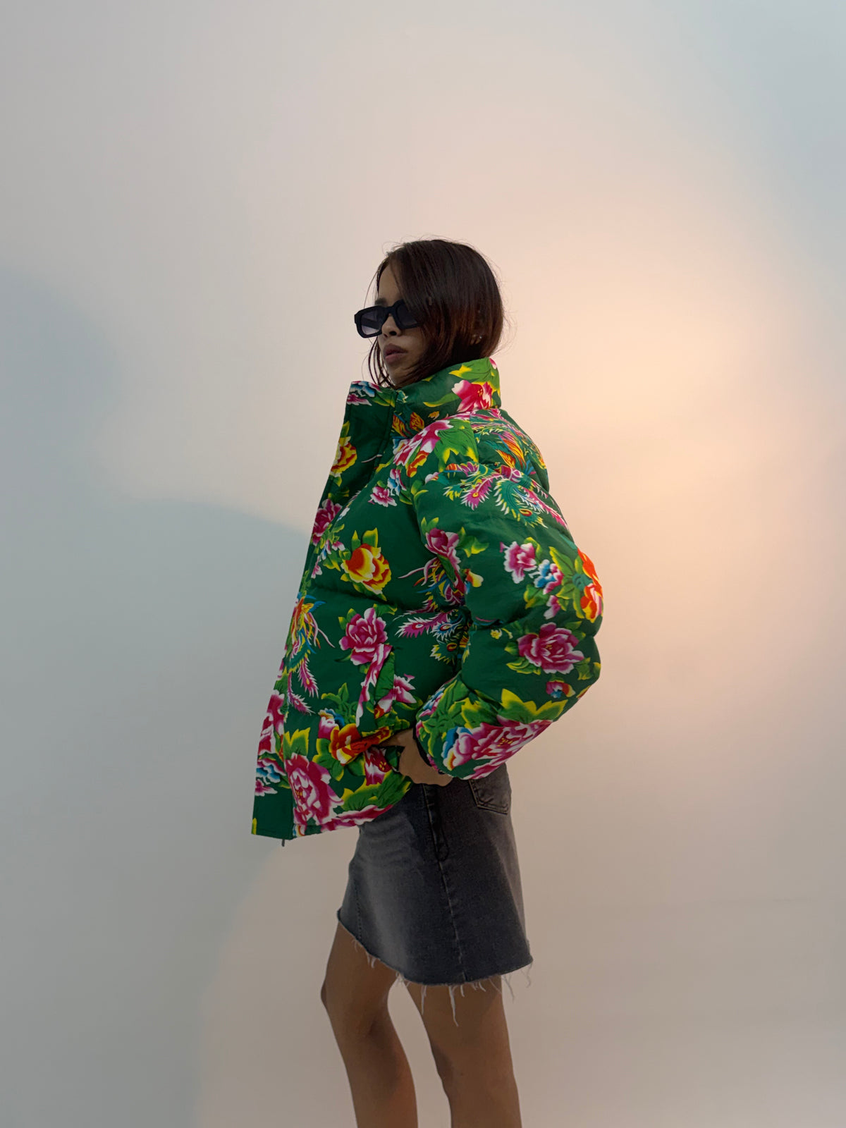 Vintage Green Floral Print Oversized Unisex Bomber Jacket