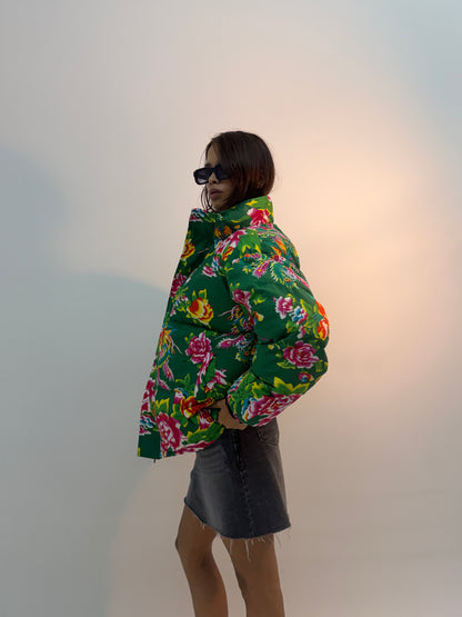 Vintage Green Floral Print Oversized Unisex Bomber Jacket