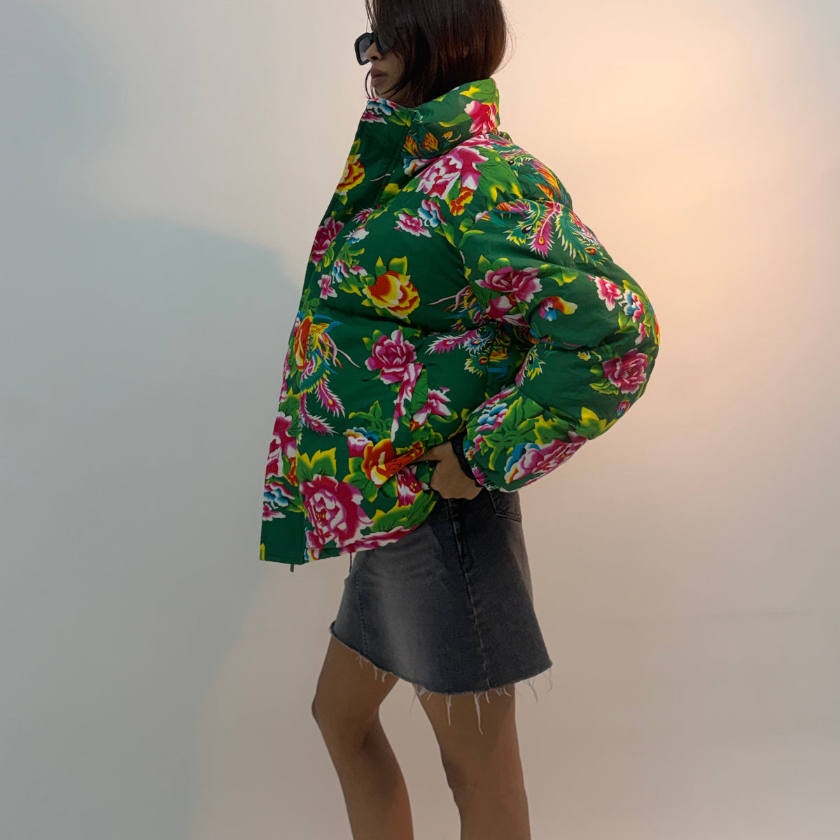 Vintage Green Floral Print Oversized Unisex Bomber Jacket