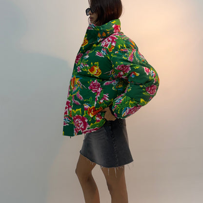 Vintage Green Floral Print Oversized Unisex Bomber Jacket