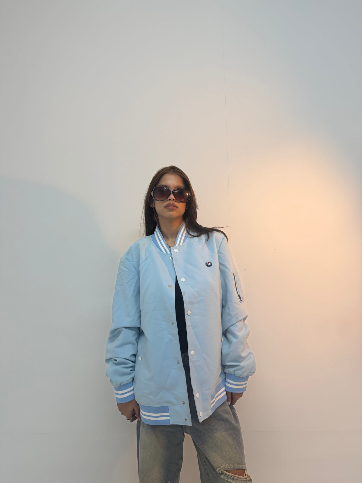 Vintage Ice Blue Varsity Unisex Bomber Jacket