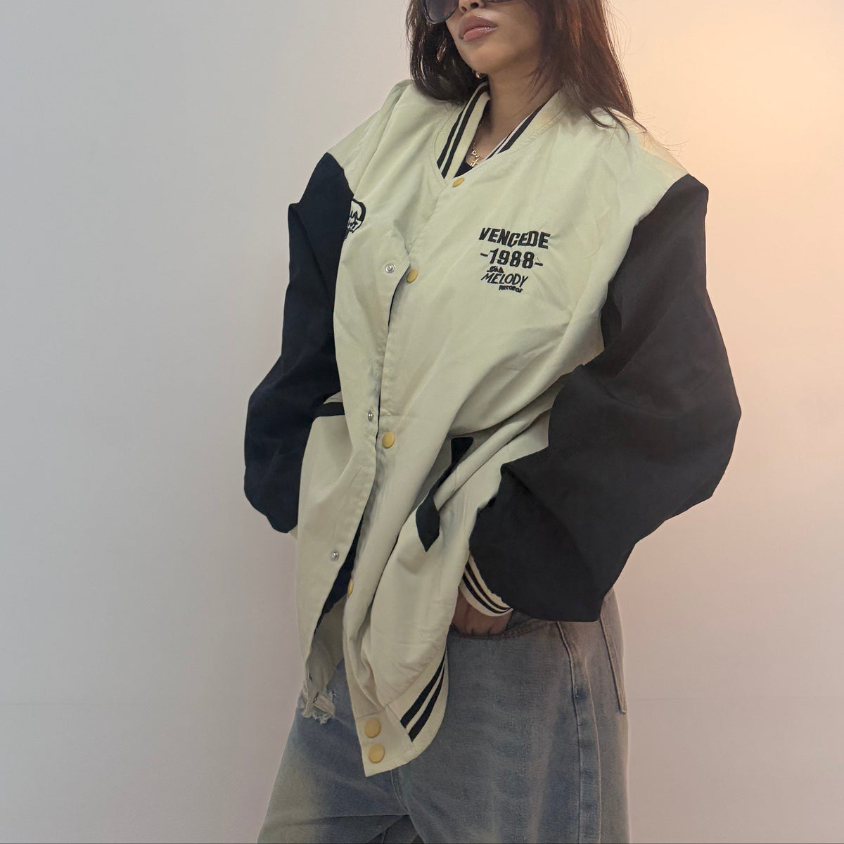 Vintage Cream & Black Varsity Oversized Unisex Bomber Jacket