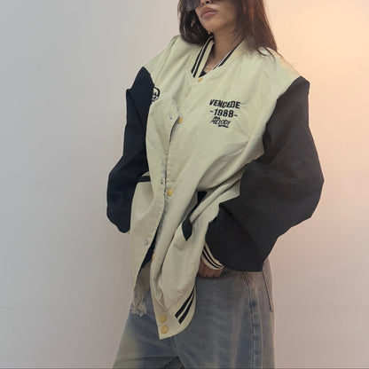 Vintage Cream & Black Varsity Oversized Unisex Bomber Jacket