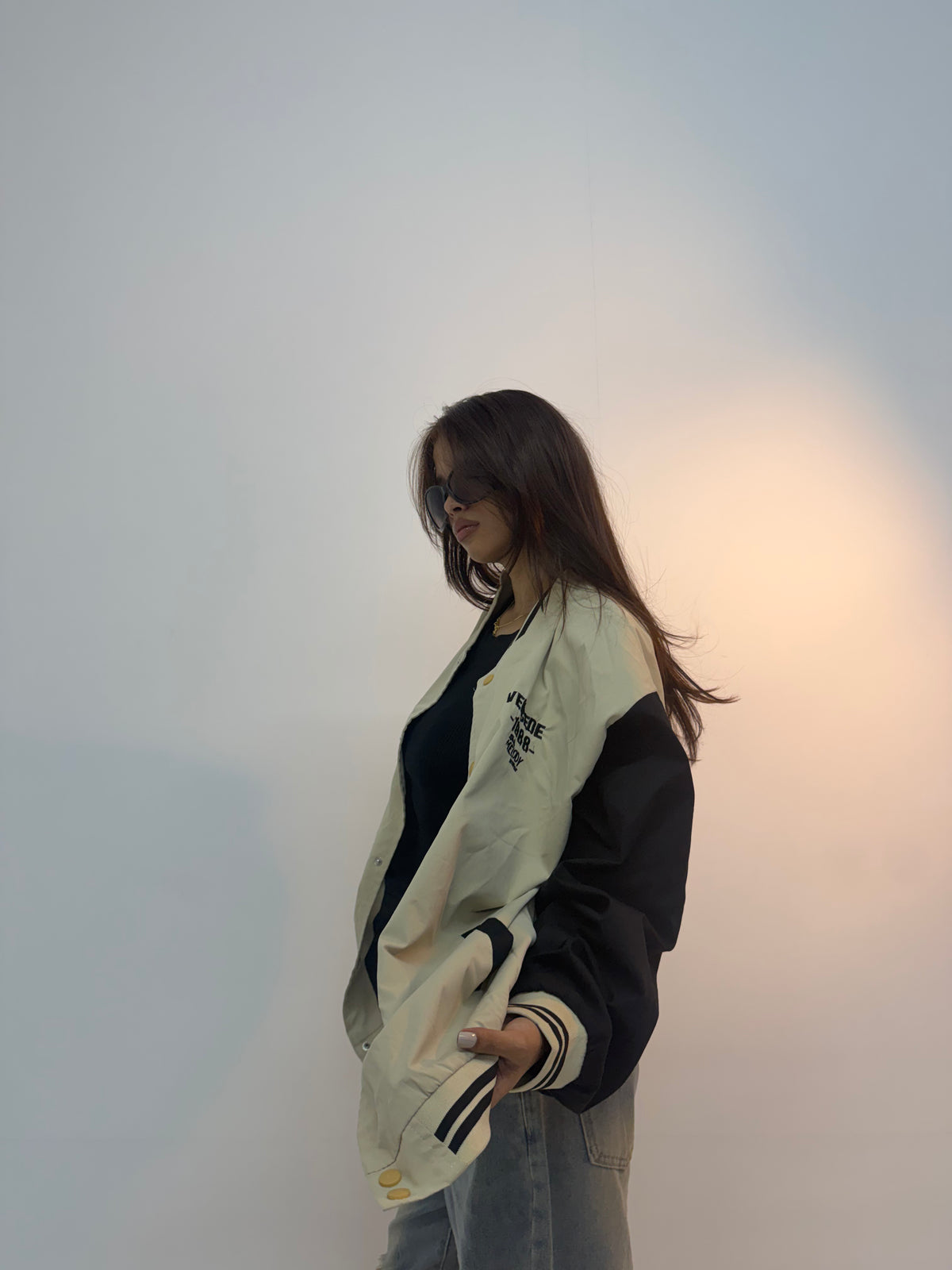 Vintage Cream & Black Varsity Oversized Unisex Bomber Jacket
