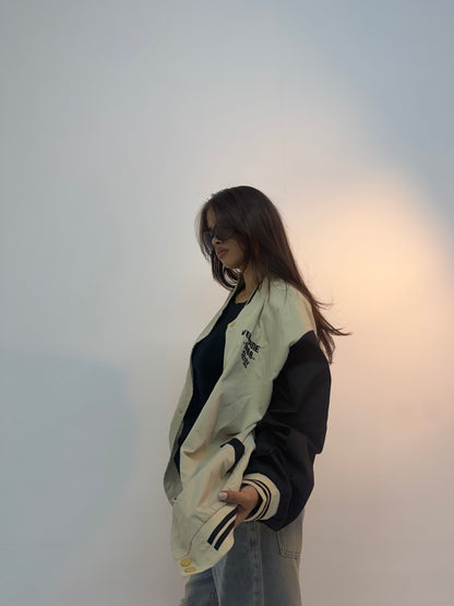 Vintage Cream & Black Varsity Oversized Unisex Bomber Jacket