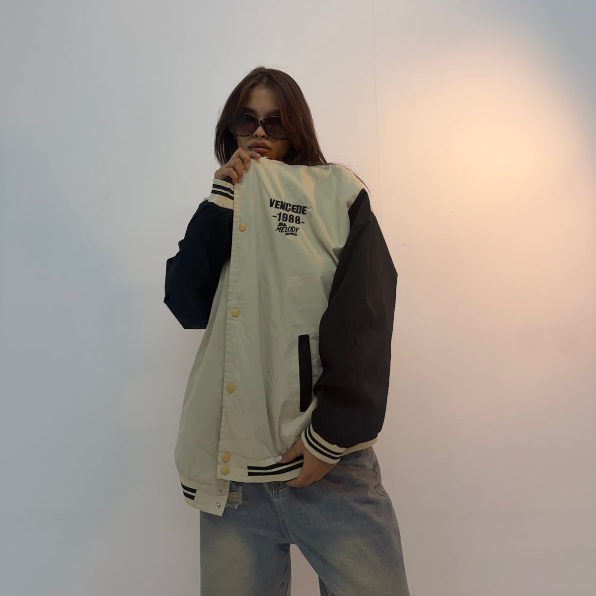 Vintage Cream & Black Varsity Oversized Unisex Bomber Jacket