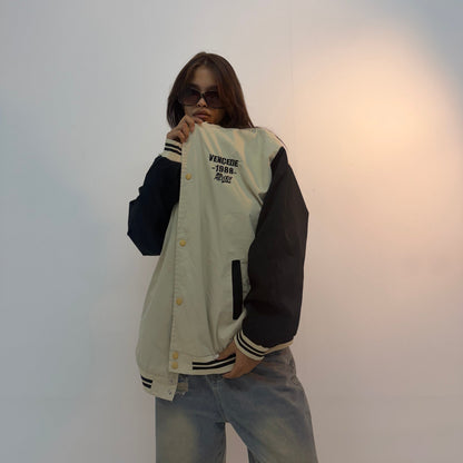 Vintage Cream & Black Varsity Oversized Unisex Bomber Jacket