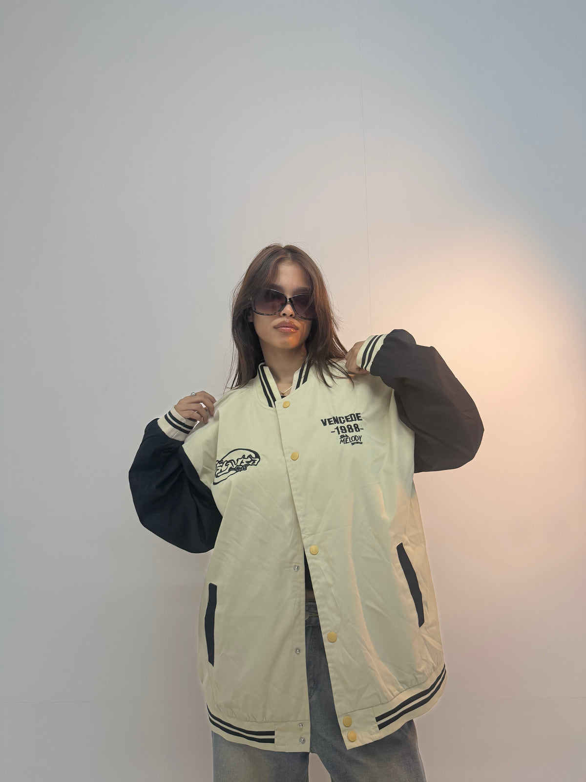 Vintage Cream & Black Varsity Oversized Unisex Bomber Jacket