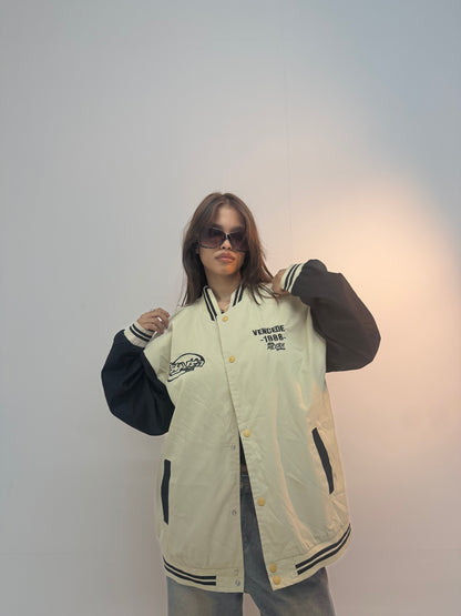 Vintage Cream & Black Varsity Oversized Unisex Bomber Jacket