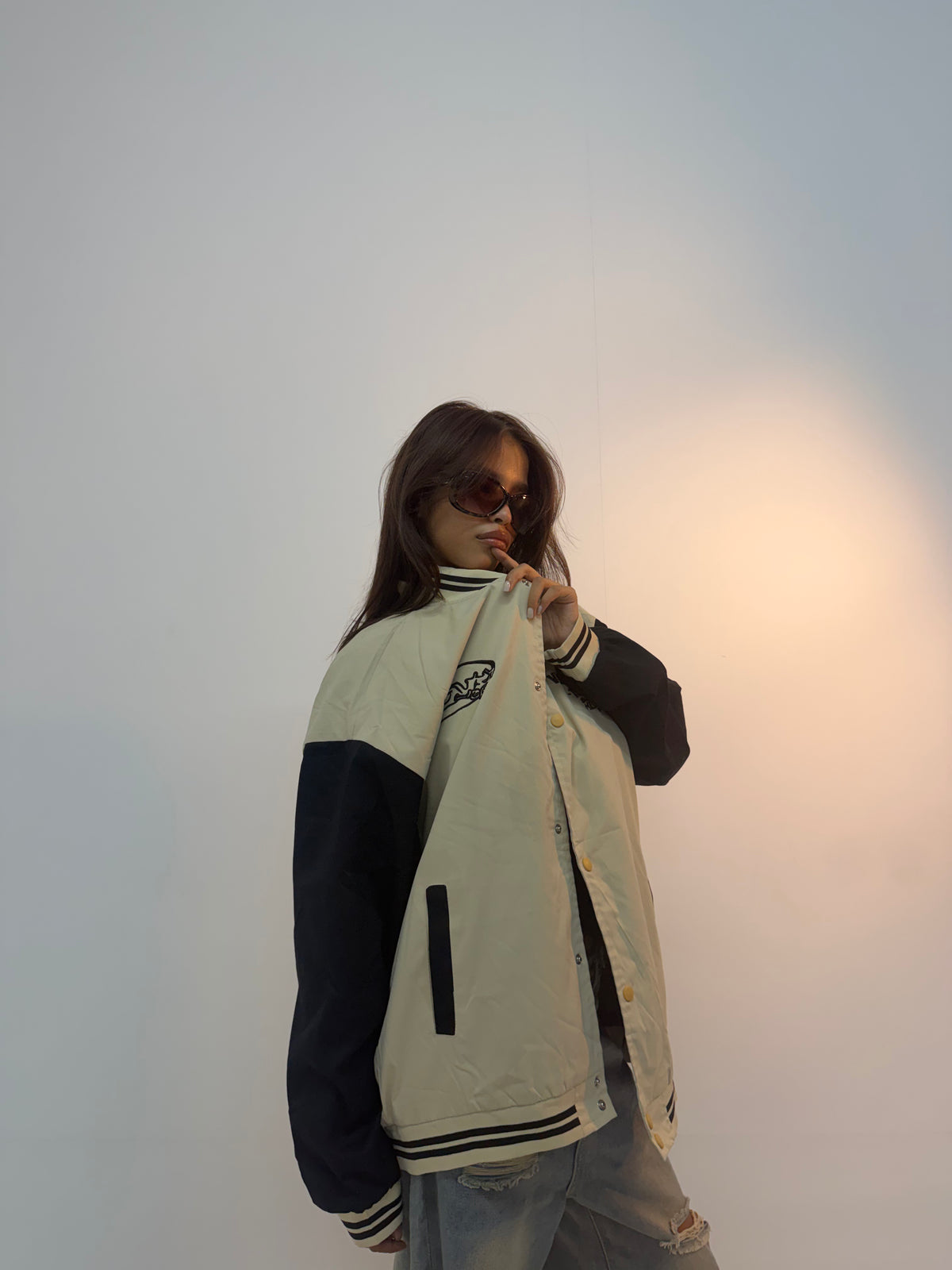 Vintage Cream & Black Varsity Oversized Unisex Bomber Jacket