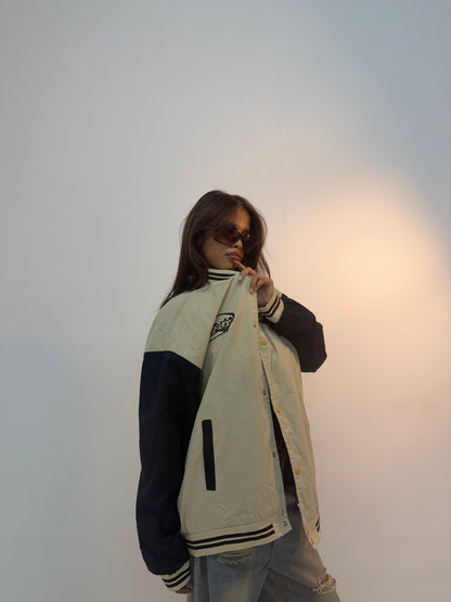 Vintage Cream & Black Varsity Oversized Unisex Bomber Jacket
