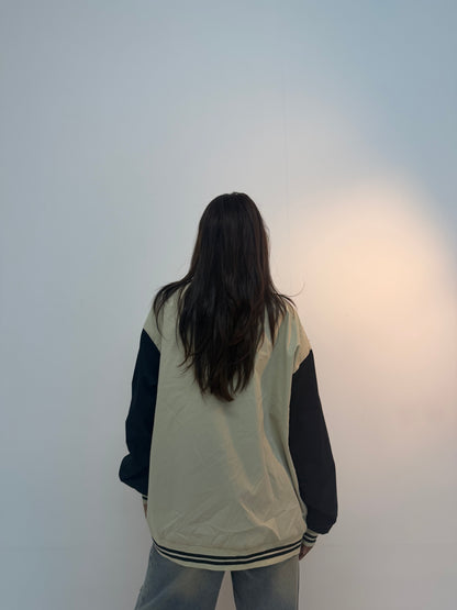 Vintage Cream & Black Varsity Oversized Unisex Bomber Jacket