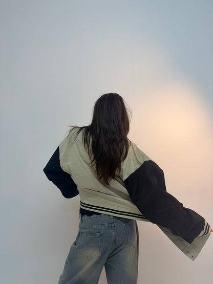 Vintage Cream & Black Varsity Oversized Unisex Bomber Jacket
