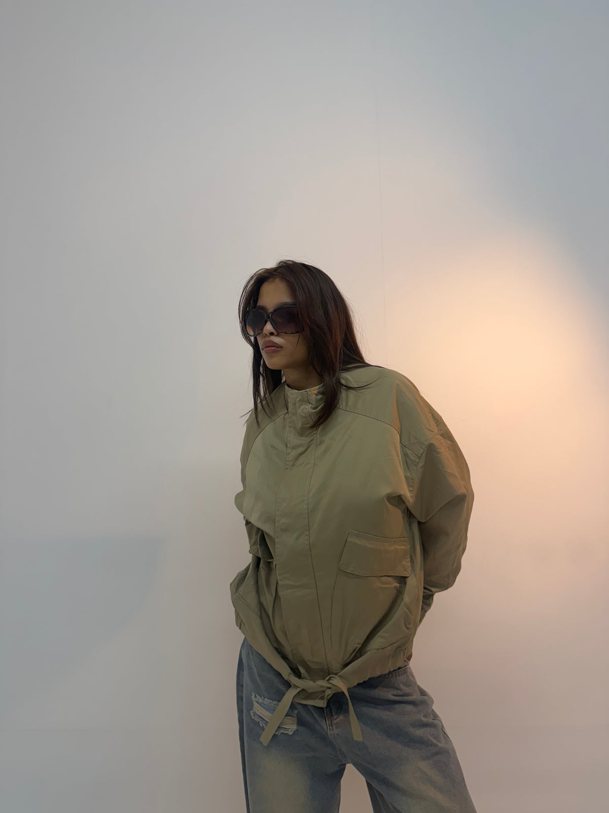 Vintage Olive Utility Cinched Waist Unisex Bomber Jacket