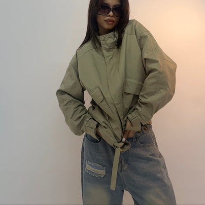 Vintage Olive Utility Cinched Waist Unisex Bomber Jacket