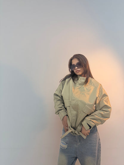 Vintage Olive Utility Cinched Waist Unisex Bomber Jacket