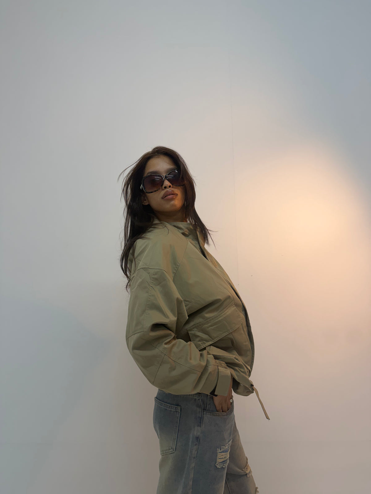 Vintage Olive Utility Cinched Waist Unisex Bomber Jacket