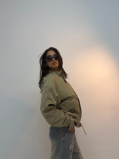 Vintage Olive Utility Cinched Waist Unisex Bomber Jacket
