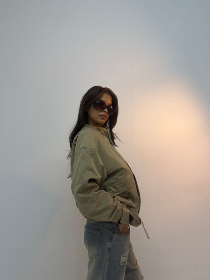 Vintage Olive Utility Cinched Waist Unisex Bomber Jacket