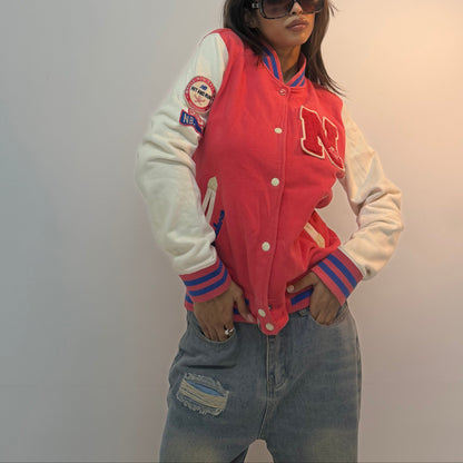 Vintage Red & White Varsity Letterman Unisex Bomber Jacket