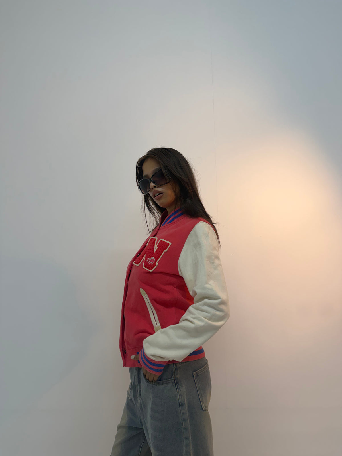 Vintage Red & White Varsity Letterman Unisex Bomber Jacket