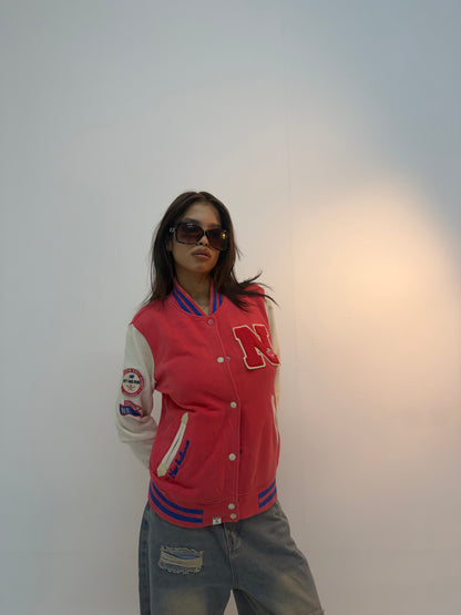 Vintage Red & White Varsity Letterman Unisex Bomber Jacket