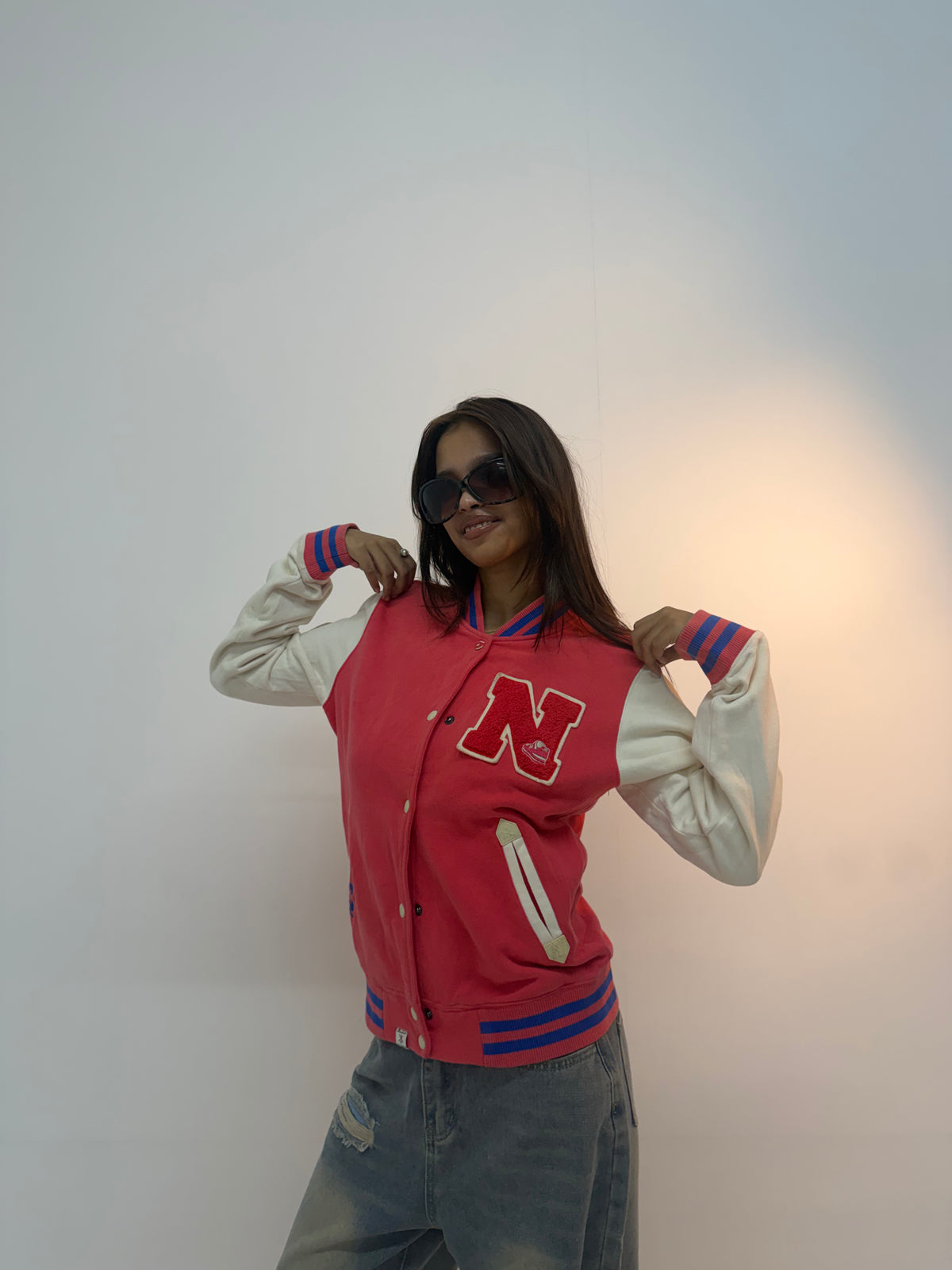 Vintage Red & White Varsity Letterman Unisex Bomber Jacket